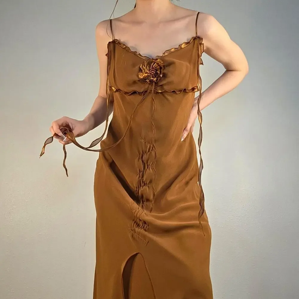 brown slip maxi dress BHLDN Plunge Open-Back Slip Maxi Dress